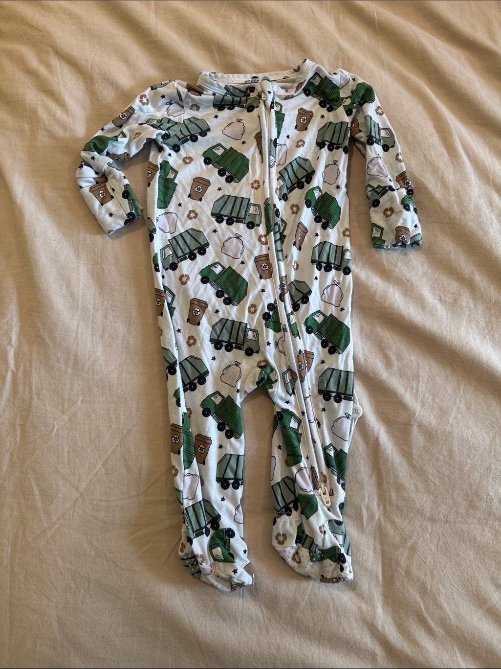Caden Lane White Footie Pajamas With Green Garbage Truck Print